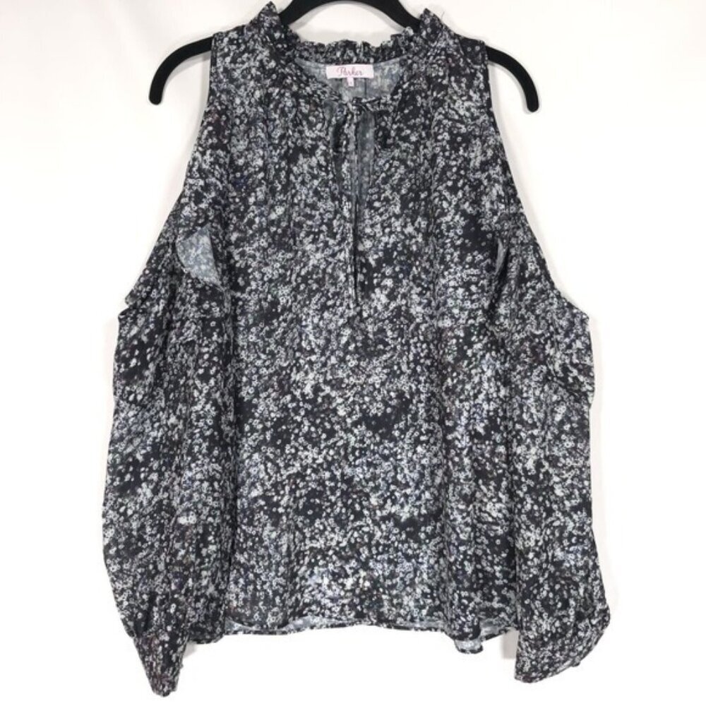 Parker Cold Shoulder Top‎ Blouse SMALL Black White Floral Long Sleeve Women's